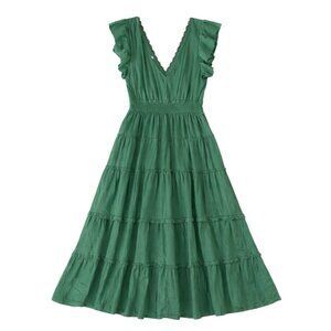 Kings Roud XL V-Neck Green Sleeveless Maxi Tiered Dress Ruffles Detail
